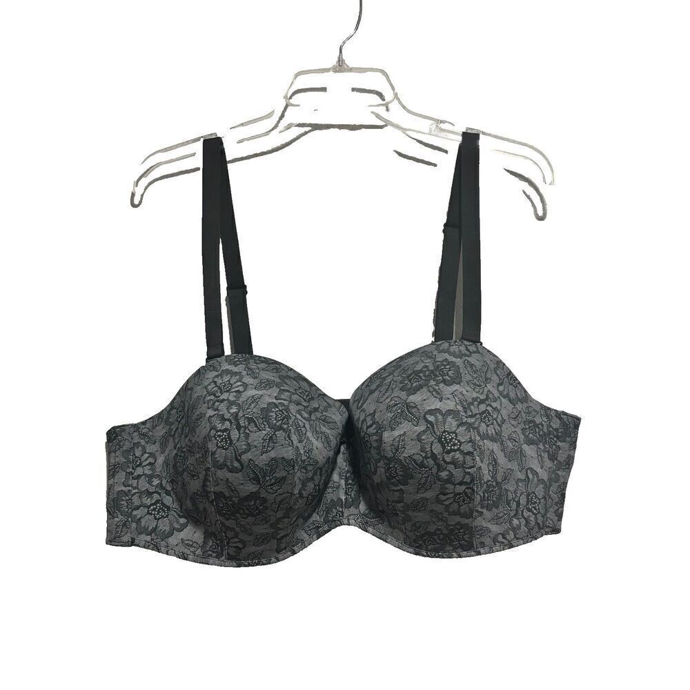 NWT Cacique Women's Bra 46C Gray Floral Lace‎ Multi-Way Strapless Back Closure